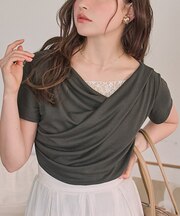 オフショルダーハーフスリーブレースドッキングTシャツ