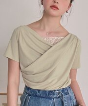 オフショルダーハーフスリーブレースドッキングTシャツ