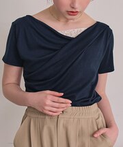 オフショルダーハーフスリーブレースドッキングTシャツ