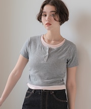 レイヤード風ヘンリーネックカットソーTシャツ