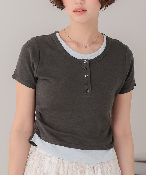 レイヤード風ヘンリーネックカットソーTシャツ