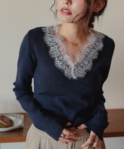 レース付Vネックリブニットトップス