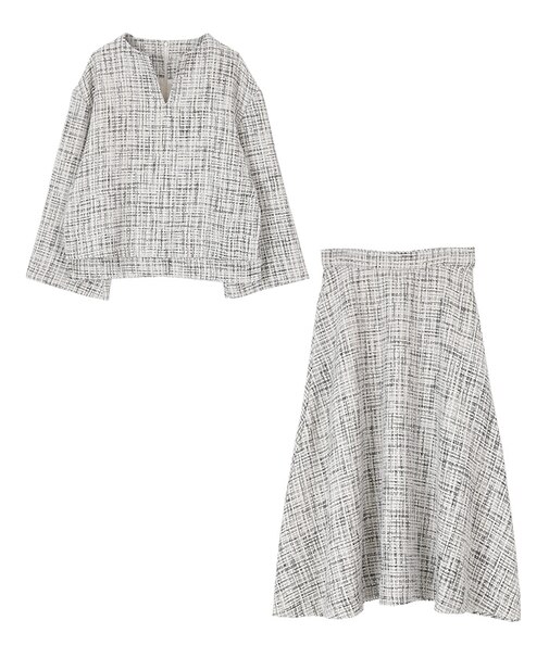 ツイードキーネックトップス×スカートセットアップ