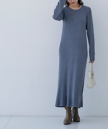 ロングスリーブリブニットワンピース