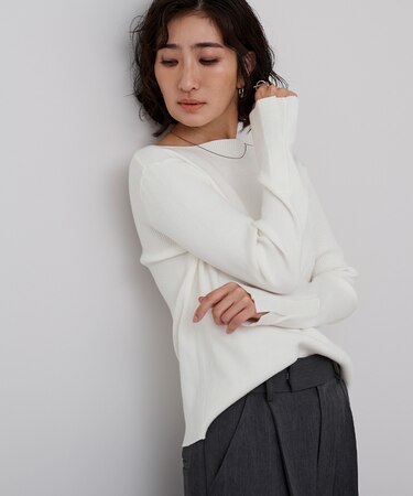ボートネックスリットスリーブリブニット