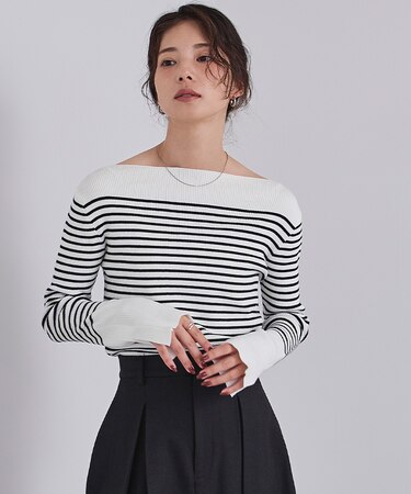 ボートネックスリットスリーブリブニット