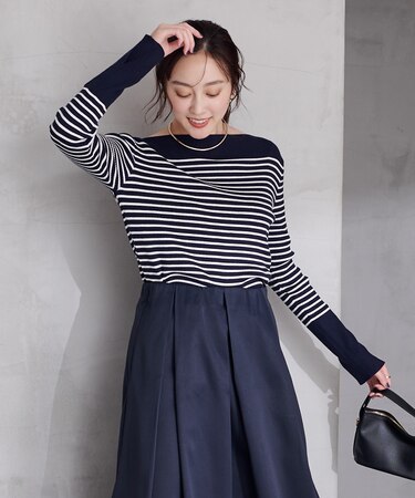 ボートネックスリットスリーブリブニット