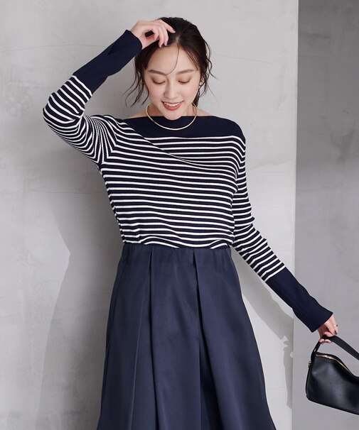 ボートネックスリットスリーブリブニット