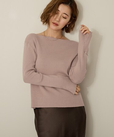 ボートネックスリットスリーブリブニット