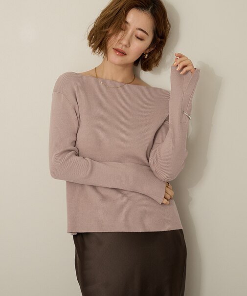 ボートネックスリットスリーブリブニット