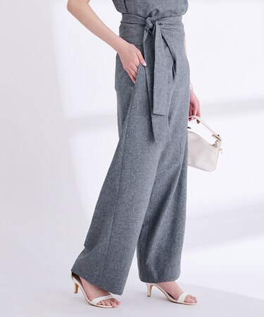 リネンライクハイウエストラップワイドパンツ