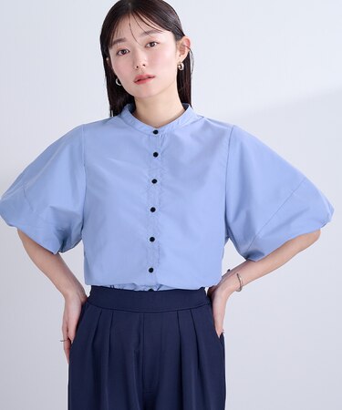 釦配色バルーンスリーブブラウス