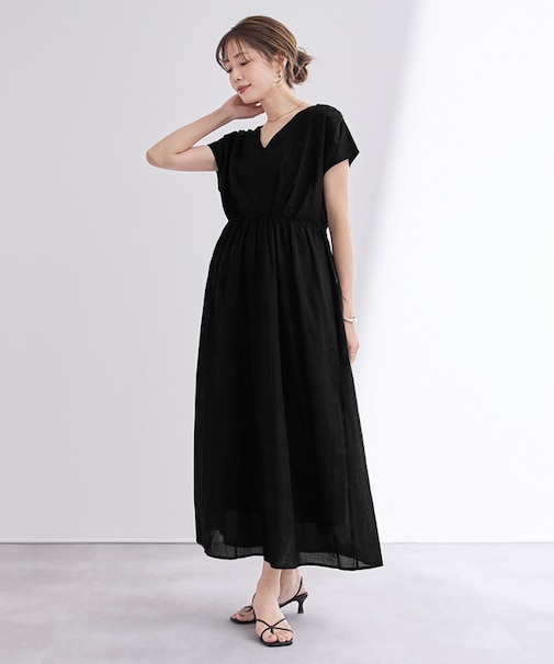 コットンVネックフレンチスリーブワンピース