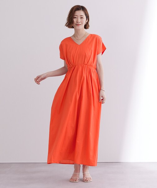 コットンVネックフレンチスリーブワンピース