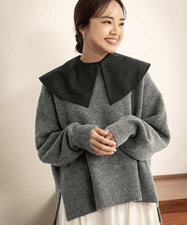 襟付きクルーネックニットトップス