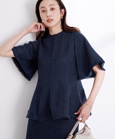 サマーツイードフレアスリーブペプラムトップス