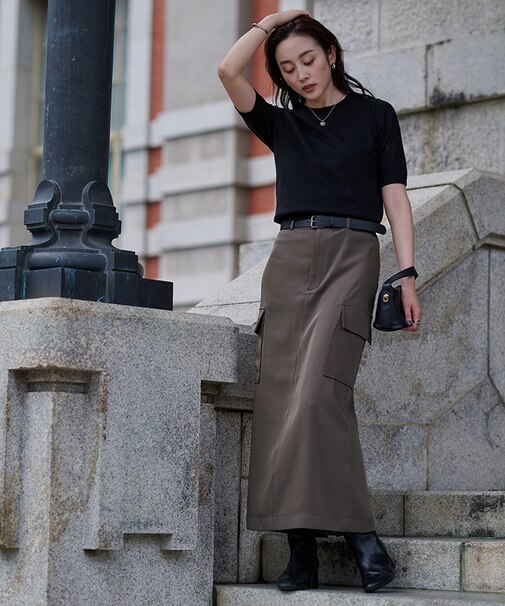 ローウエストサテンライクカーゴスカート