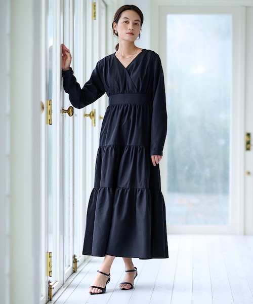 ナノユニバースLUSANA ゼブラカシュクールミモレ丈ティアードワンピース ナノユニバースLUSANA ゼブラカシュクールミモレ丈ティアード