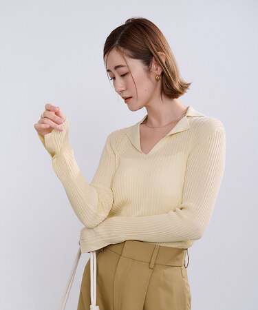 オープンカラーシアーリブニット