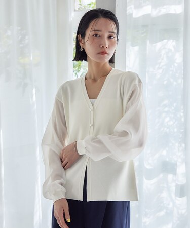 シアースリーブVネックニットカーディガン