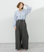 リネンライクサイドベルトデザインタックワイドパンツ