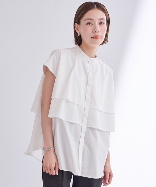 バンドカラーレイヤードデザインシャツ