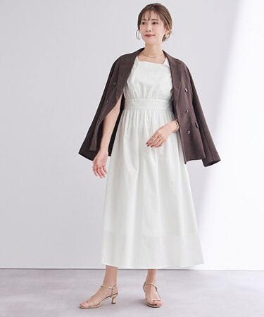スクエアネックハイウエストフレンチスリーブワンピース