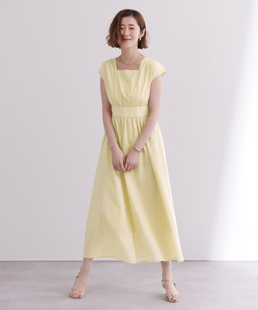 スクエアネックハイウエストフレンチスリーブワンピース