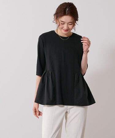 ウエスト切替ギャザーハーフスリーブTシャツ