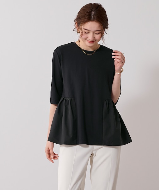 ウエスト切替ギャザーハーフスリーブTシャツ