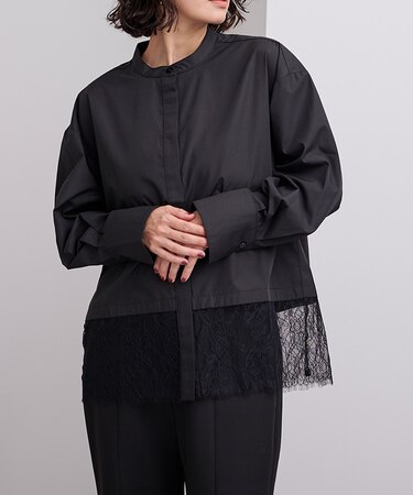 バンドカラー裾レースシャツ