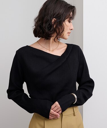 オフショルダーリブニットトップス