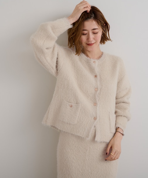 ゴールド釦シャギーニットカーディガン