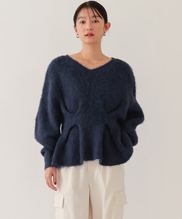 Vネックウエストタックペプラムニット