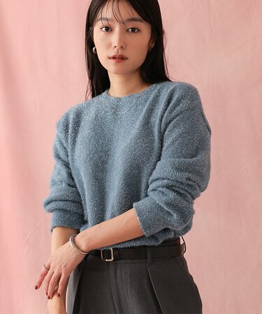ラメシャギークルーネックニット