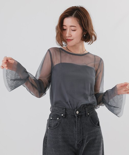 シアーフレアスリーブトップス