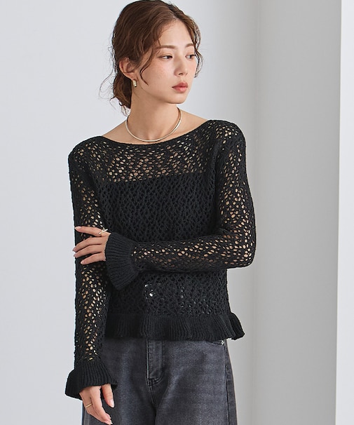 リネン混ランダムローゲージフリルニット