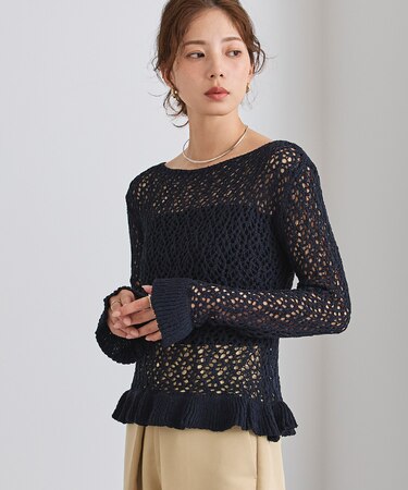 リネン混ランダムローゲージフリルニット