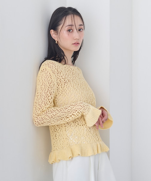 リネン混ランダムローゲージフリルニット