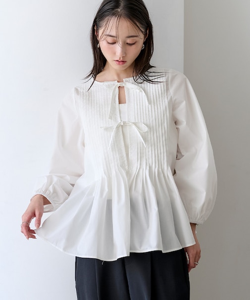 プリーツペプラムリボンブラウス