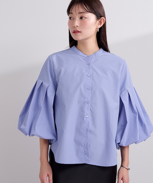 バンドカラー袖ボリュームブラウス