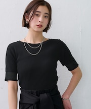 袖口シアー5分袖リブニット