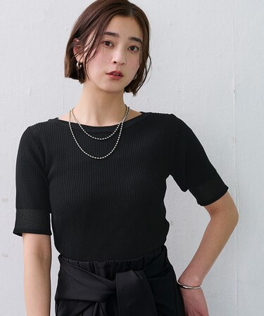袖口シアー5分袖リブニット