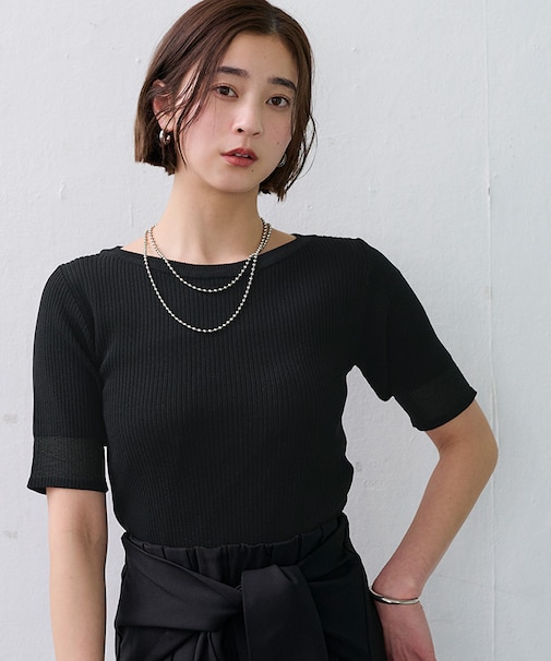 袖口シアー5分袖リブニット