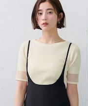 袖口シアー5分袖リブニット