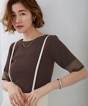 袖口シアー5分袖リブニット