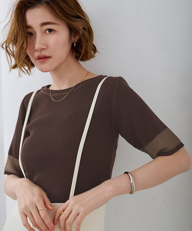 袖口シアー5分袖リブニット