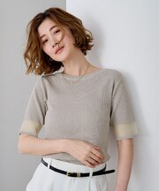 袖口シアー5分袖リブニット