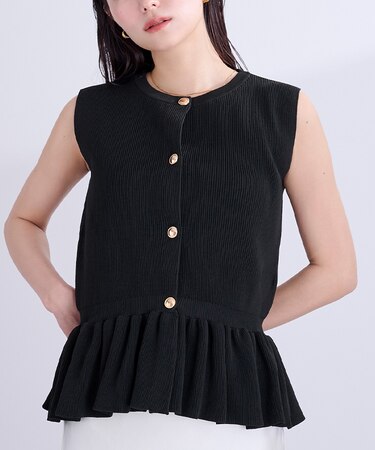 ゴールド釦ペプラムノースリーブニット