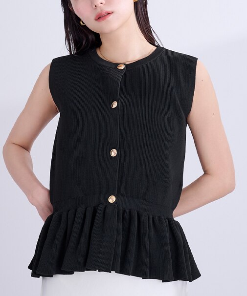 ゴールド釦ペプラムノースリーブニット